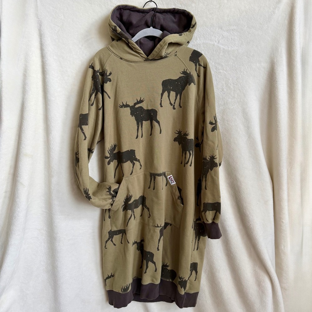 Lazy One Cabin Moose Print Hooded Sleep Dress with Thumbholes Olive Size S/M